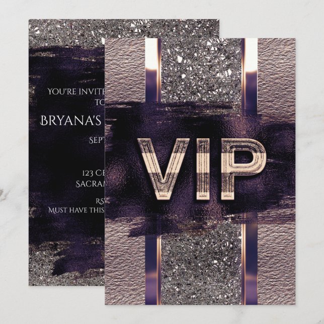 Invitación a fiesta VIP Metálica Purple & Faux (Anverso / Reverso)