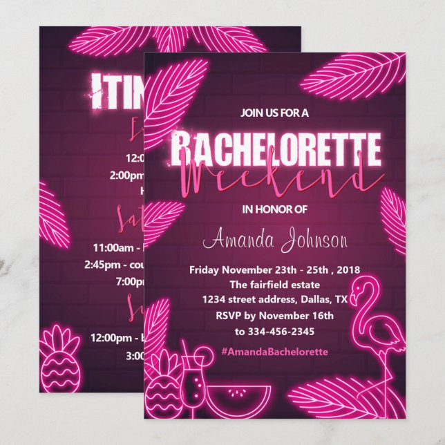 Invitación a fin de semana de Bachelorette de Neon (Anverso / Reverso)