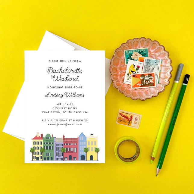 Invitación a fin de semana de Chicas de Fila Arcoi (Rainbow Row Bachelorette Girls Weekend Invitation by Charleston, South Carolina Artist Erika Firm)