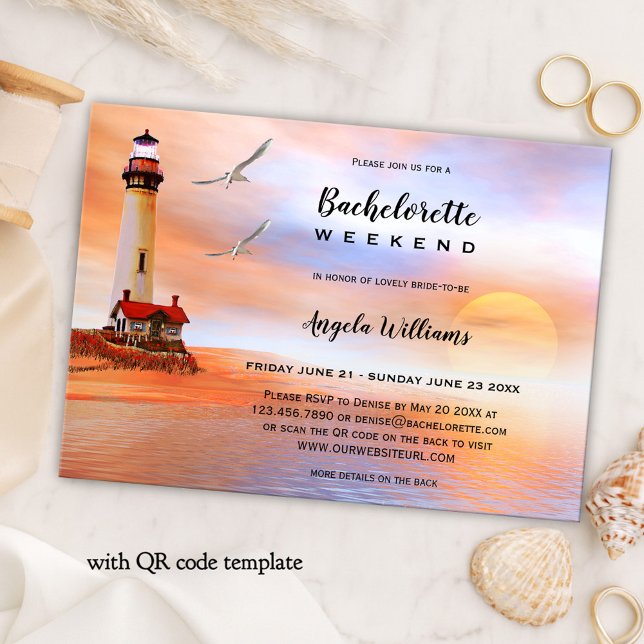 Invitación a fin de semana de fin de semana de bac (Bachelorette weekend itinerary template featuring an original painting of a lighthouse on the beach)