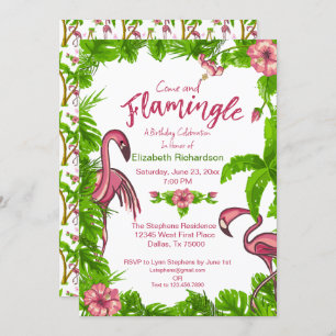 Invitación a flamencos y flores tropicales