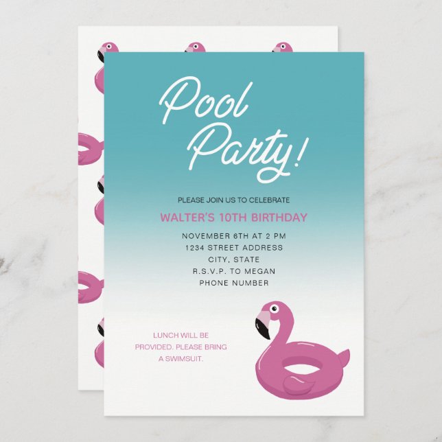 Invitación a Flamingo del Fiesta de la piscina (Anverso / Reverso)