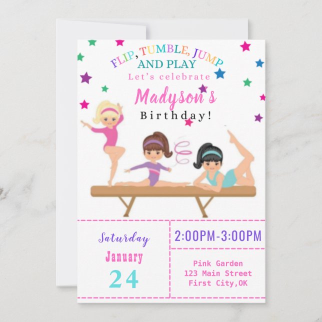 Invitación a Flip, Tumble, Jump & Play Bday (Anverso)
