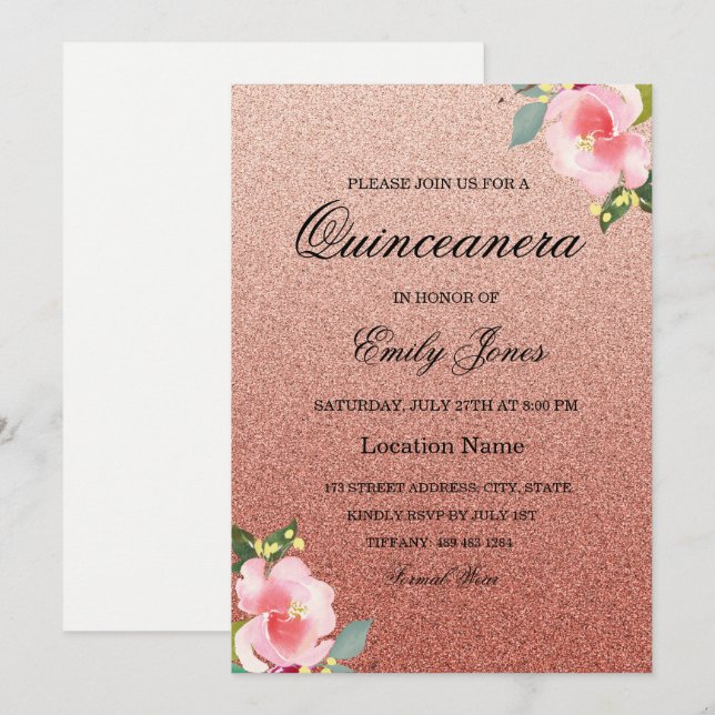 Invitación a Floral Corol faux purpurina Quinceane (Anverso / Reverso)