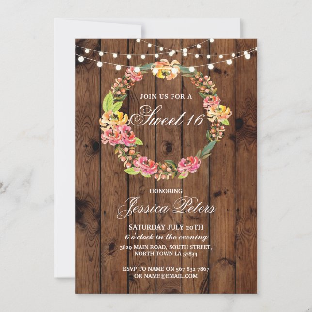Invitación a flores de guirnaldas florales rustica (Anverso)