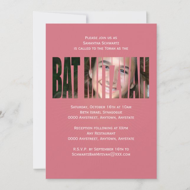 Invitación a foto de Bat Mitzvah en rosa (Anverso)
