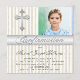 Invitación a foto de confirmación de franjas beige