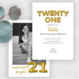 Invitación a foto de cumpleaños 21 de Gold Balloon