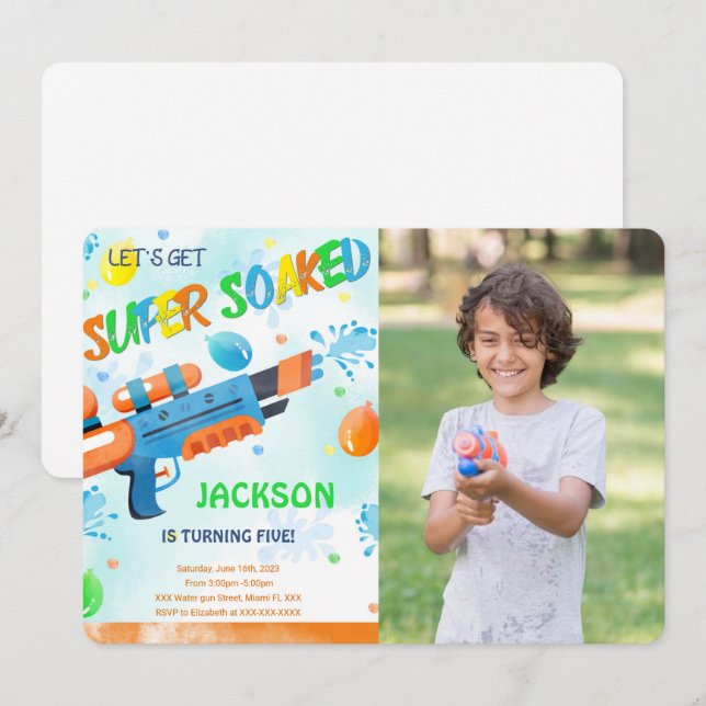 Invitación a foto de cumpleaños de Boy Water Gun (Anverso / Reverso)