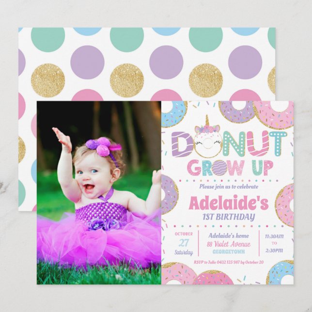 Invitación a foto de cumpleaños de Donut Grow Up U (Anverso / Reverso)