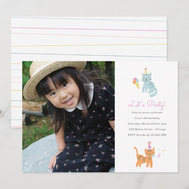 Invitación a foto de cumpleaños de Fiesta Kitten (Anverso / Reverso)