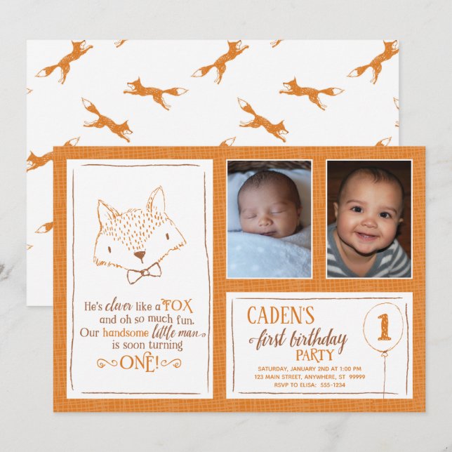 Invitación a foto de cumpleaños de Fox Naranja Whi (Anverso / Reverso)