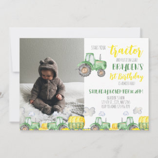 Invitación a foto de cumpleaños de Green Tractor
