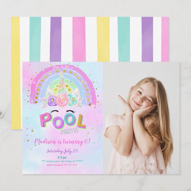 Invitación a foto de cumpleaños de Unicornio y Poo (Anverso / Reverso)