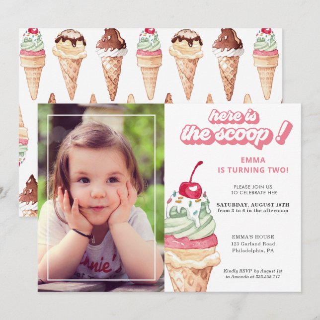 Invitación a foto de cumpleaños del Chica Ice Crea (Anverso / Reverso)