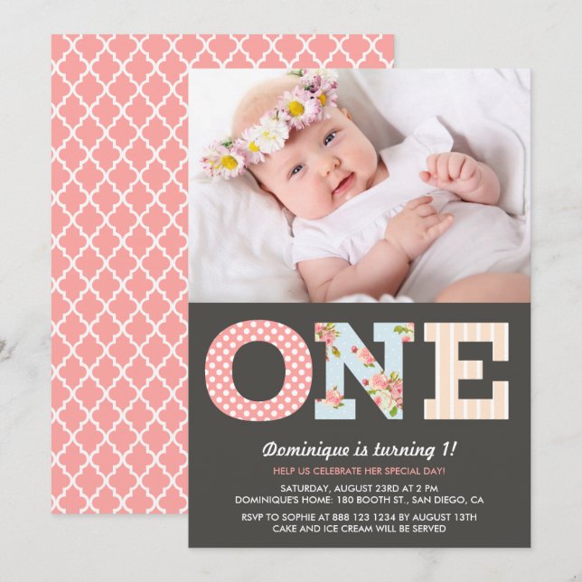 Invitación a foto de primer cumpleaños de Girly Sh (Anverso / Reverso)