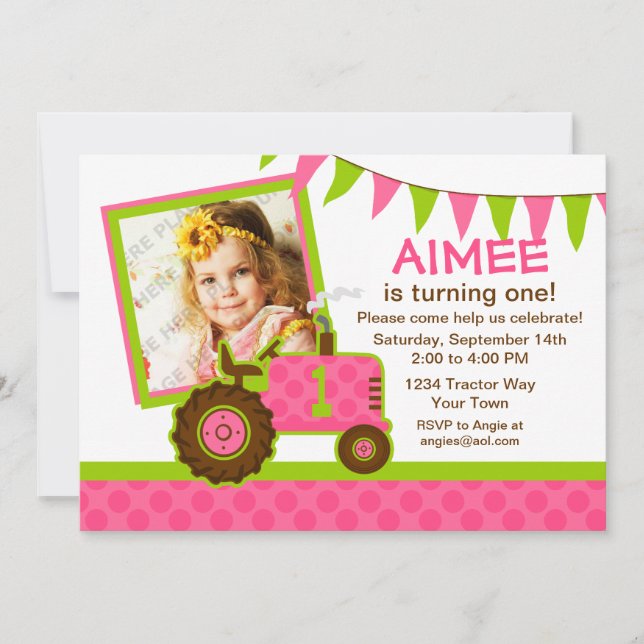 Invitación a foto de primer cumpleaños de Tractor  (Anverso)