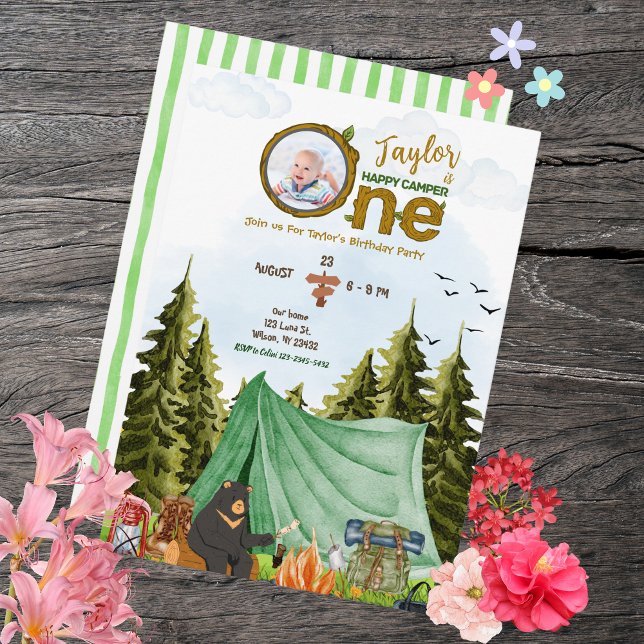Invitación a foto de primer cumpleaños de un Campe (One Happy Camper 1st Birthday Photo Invite)