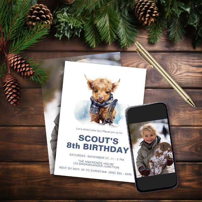 Invitación a foto de Snowboard Highland Cow (Subido por el creador)