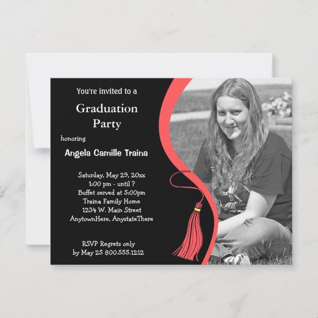 Invitación a foto horizontal de graduación roja de (Anverso)