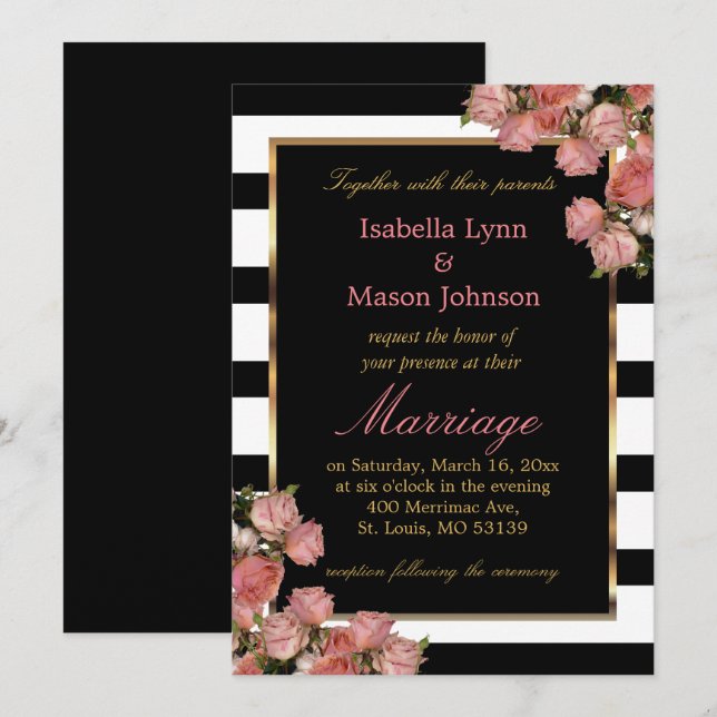 Invitación a franja blanca y negra Boda de oro Ros (Anverso / Reverso)