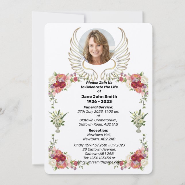 Invitación a funeral por Rosa personalizado Wings (Anverso)