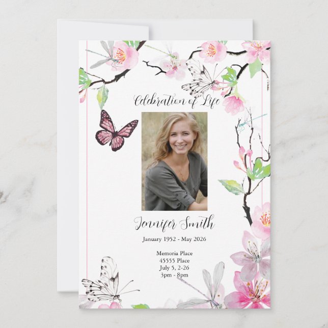Invitación a funerales de cerezo rosa y mariposa (Anverso)