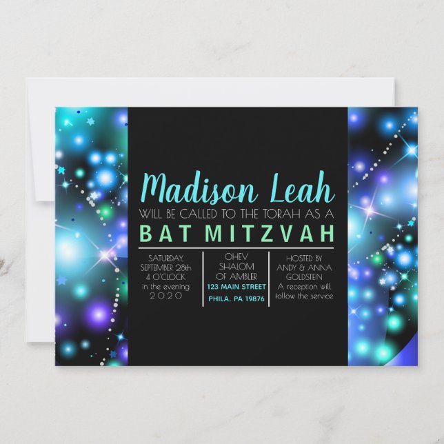 Invitación a GALAXY STARS Bat Mitzvah (Anverso)