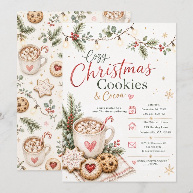 Invitación a galletas y cacao de Navidad acogedor (Anverso / Reverso)