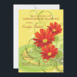 Invitación a Gerbera Daisies<br><div class="desc">Una invitación alegre con tres margaritas gerbera de color rojo vivo. El fondo amarillo y soleado tiene un follaje abstracto y remolinos. Apropiado para cualquier celebración feliz.La tarjeta es fácil de personalizar con su redacción, fuente, color de fuente y elección de seis tipos de papel. ¿No es exactamente lo que...</div>