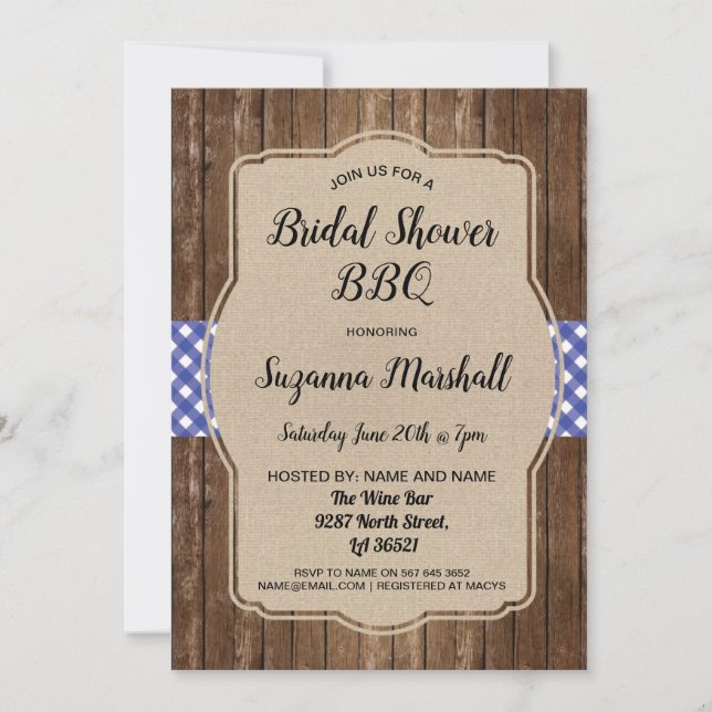 Invitación a Gingham Burlap de Bridal Shower BBBQ (Anverso)