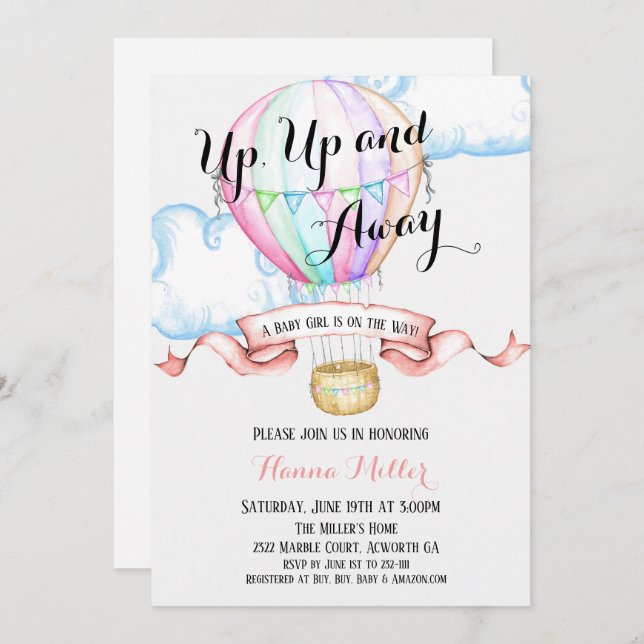 Invitación a globo aerostático Bebé Chica Ducha (Anverso / Reverso)