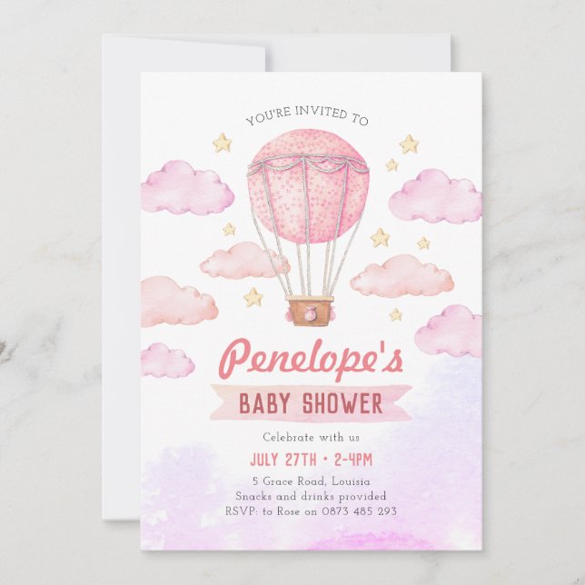 Invitación a globo aerostático rosa, ducha de bebé (Anverso)