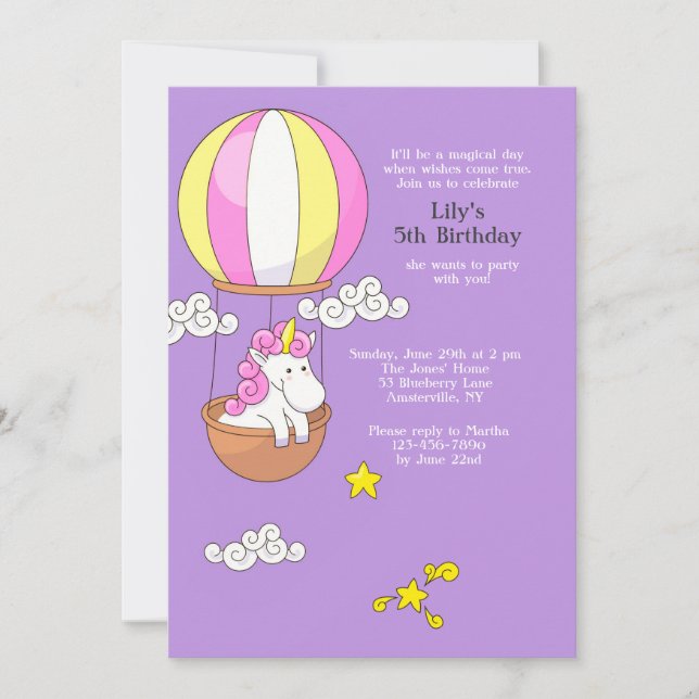 Invitación a globos de aire caliente de Unicornio (Anverso)