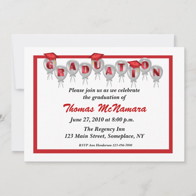 Invitación a globos de graduación roja (Anverso)