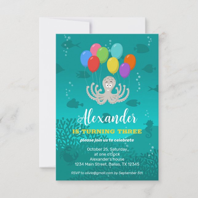 Invitación a globos Octopus Party de tercer cumple (Anverso)