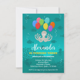 Invitación a globos Octopus Party de tercer cumple