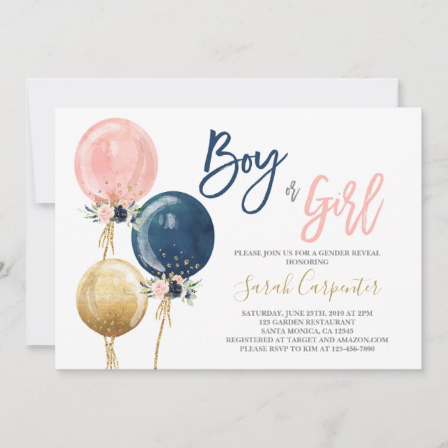 Invitación a globos revelados por género (Anverso)