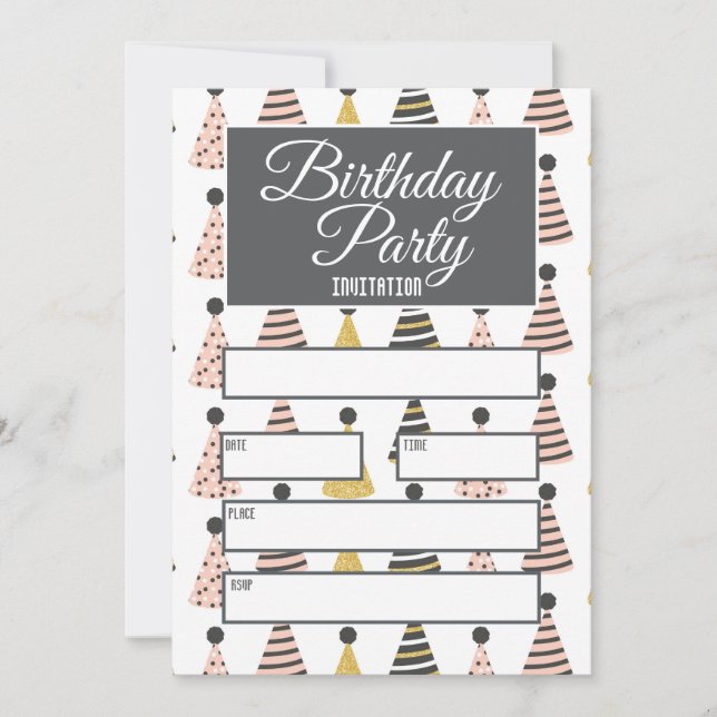 Invitación a Gorras de cumpleaños gris y rosados (Anverso)