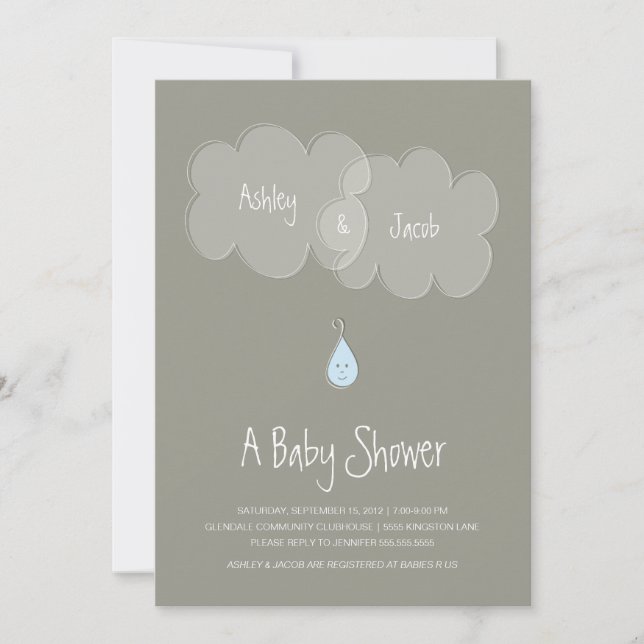 Invitación a gota Baby Shower gris/azul (Anverso)