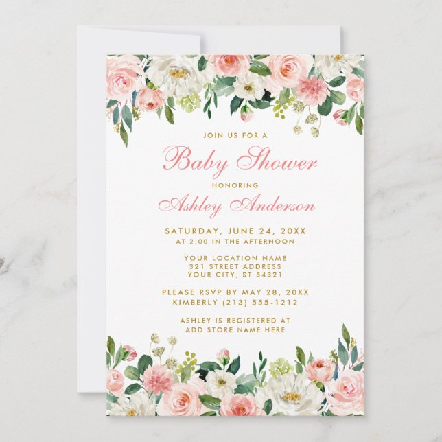 Invitación a GP de Baby Shower Pink Rubor Floral W (Anverso)