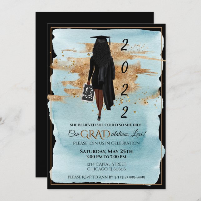 Invitación a graduación afroamericana (piel oscura (Anverso / Reverso)