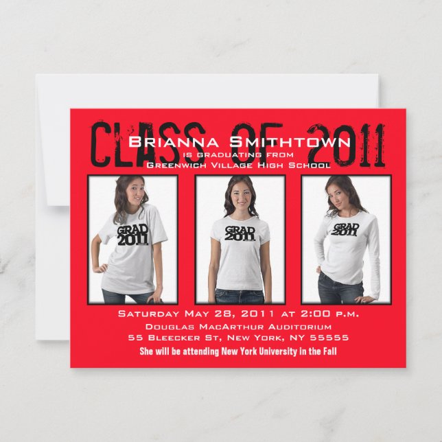 Invitación a graduación Añadir 3 fotos Rojo A1 (Anverso)
