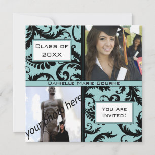 Invitación a graduación azul de Black Damask Aqua