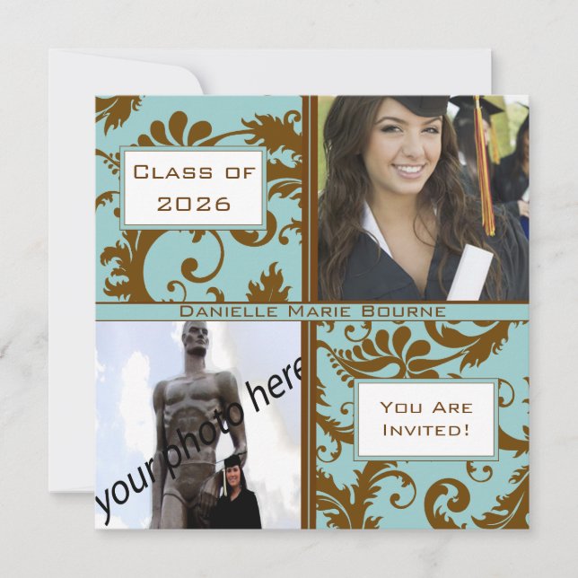 Invitación a graduación azul de Black Damask Aqua (Anverso)