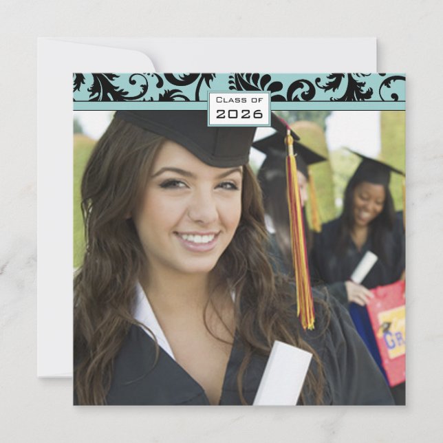 Invitación a graduación azul de Black Damask Aqua (Anverso)