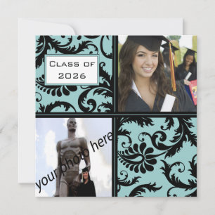Invitación a graduación azul de Black Damask Aqua