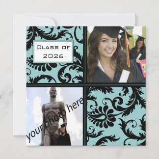 Invitación a graduación azul de Black Damask Aqua