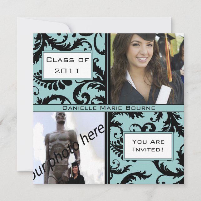 Invitación a graduación azul de Black Damask Aqua (Anverso)