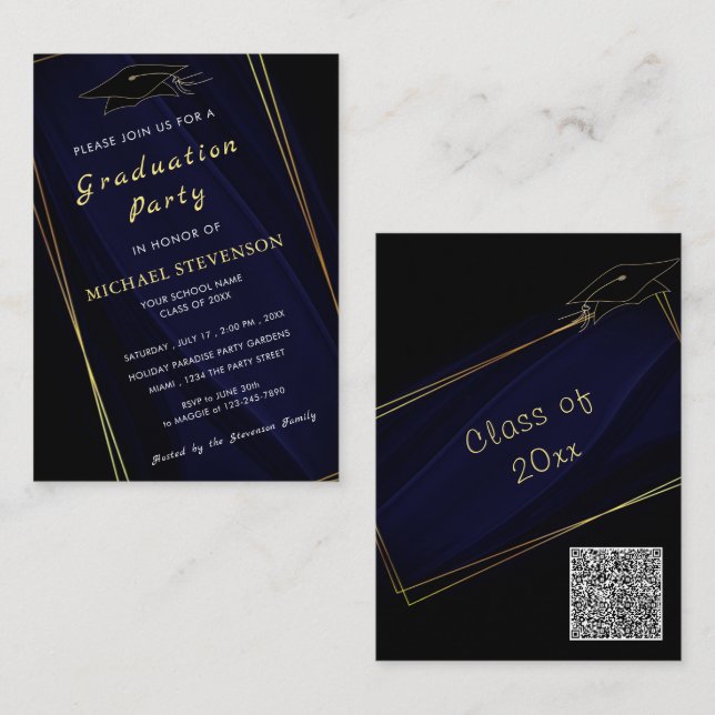Invitación a graduación azul de la Marina de Oro d (Anverso / Reverso)